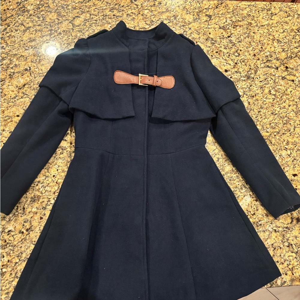 Chic Navy Coat with Brown Buckle